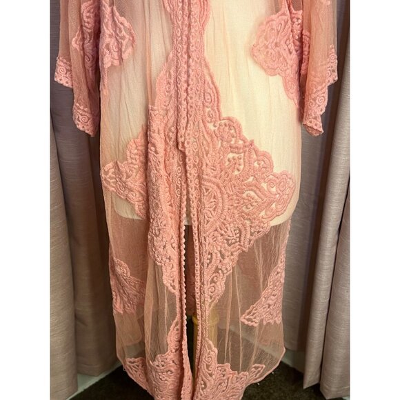 Pink Sheer Lace Kimono Cardigan Cover-Up Feminine 2XL-3XL Boho Long Elegant Sexy - Picture 6 of 12